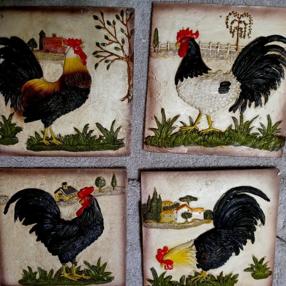 New in Box 4 Ceramic Rooster Tiles